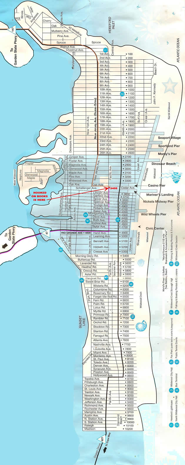 map of wildwood new jersey showing location of hooked on books bookstore